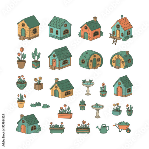 Various cute isometric cartoon houses, birdbaths, watering can, wheelbarrow, and potted plants for a charming garden village