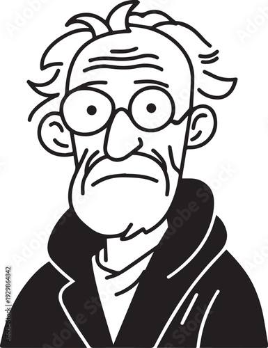 Hand Drawn Old Man Black and White Avatar Illustration in Minimal Line Art Style Design