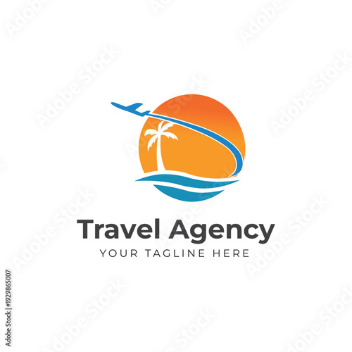Plane with palms travel logo template vector illustration