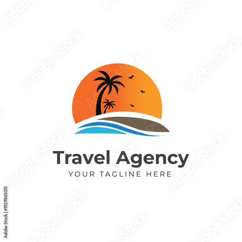 Plane with palms travel logo template vector illustration