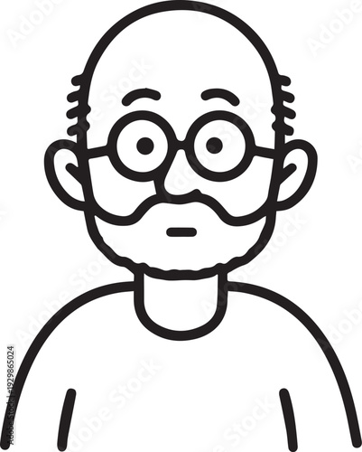 Hand Drawn Old Man Black and White Avatar Illustration in Minimal Line Art Style Design