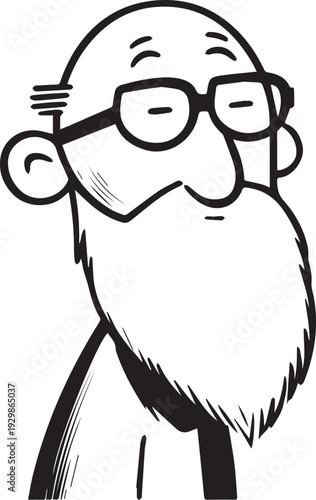 Hand Drawn Old Man Black and White Avatar Illustration in Minimal Line Art Style Design