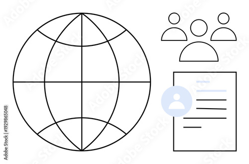 Data sharing, global networks, social media, identification systems, team collaboration, communication. Globe, group of people icons and a document with a profile symbol. Data sharing and global