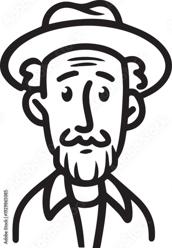 Hand Drawn Old Man Black and White Avatar Illustration in Minimal Line Art Style Design
