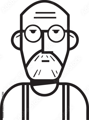 Hand Drawn Old Man Black and White Avatar Illustration in Minimal Line Art Style Design