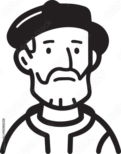 Hand Drawn Old Man Black and White Avatar Illustration in Minimal Line Art Style Design