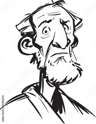Hand Drawn Old Man Black and White Avatar Illustration in Minimal Line Art Style Design