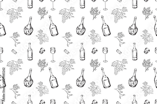 Seamless wine pattern with hand drawn vineyard, bottles, barrel, corkscrew and glasses in vintage engraving style. Monochrome winery repeat background for textile, wrapping paper and packaging design.
