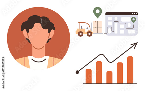 Business strategy, supply chain, logistics, growth analytics, transportation, efficiency. Graphic with a person, forklift map and growth chart. Business strategy and supply chain concept