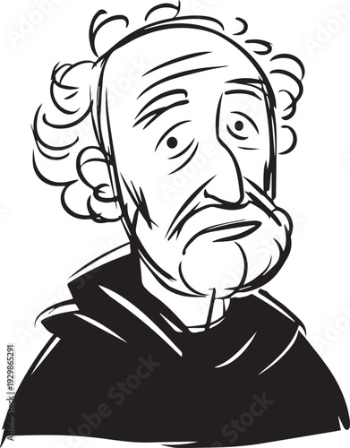Hand Drawn Old Man Black and White Avatar Illustration in Minimal Line Art Style Design