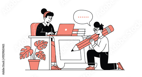 Vector illustration of two people working at a desk with a giant pencil