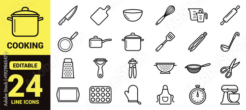 Kitchen utensils and cookware icon set with knives, cutting boards, bowls, pans, graters, peelers, baking tools, and essential kitchen ranking symbols in clean modern line‑art vector style