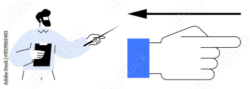 Direction concept. A man holding a clipboard gestures toward a pointing hand and an arrow emphasizing direction. Direction for leadership, education, workflow, navigation, and design
