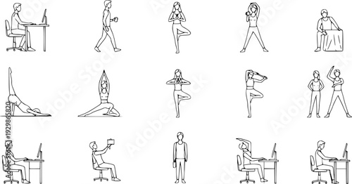 Collection of minimalist human posture illustrations showing daily activities, yoga poses, and ergonomic movements in black and white line drawing
