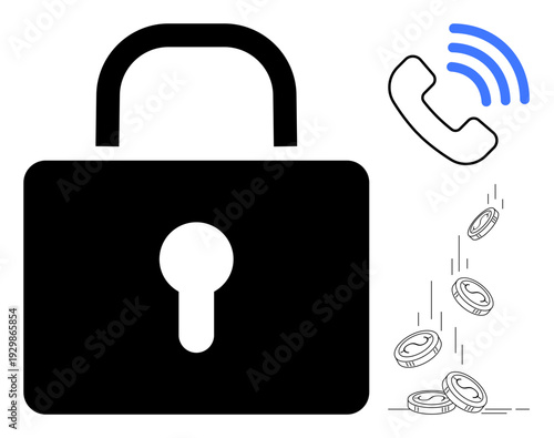 Cybersecurity, data privacy, communication costs, financial security, telecommunication, fraud protection. Padlock, telephone icon falling coins. Cybersecurity and communication costs themed design
