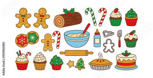 Festive vector illustration featuring various Christmas sweets, cakes, cookies, and baking tools ready for holiday culinary creations