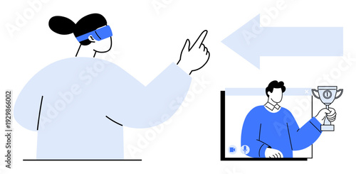 Person using VR headset pointing to content and a digital screen displaying a winner holding a trophy. Ideal for gaming, virtual technology, online awards, innovation, digital interaction