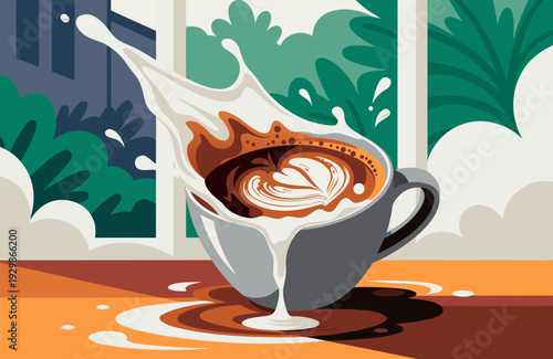 Spilled latte art with milk overflowing from grey cup onto wooden table close up cozy cafe scene soft light