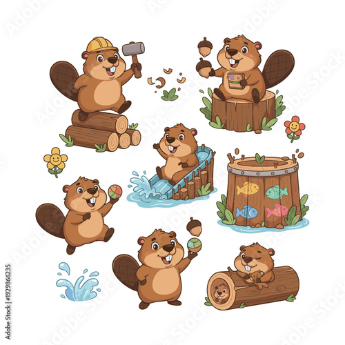 Cartoon beaver characters engaging in various playful activities like building with logs, sliding, reading, playing, and resting