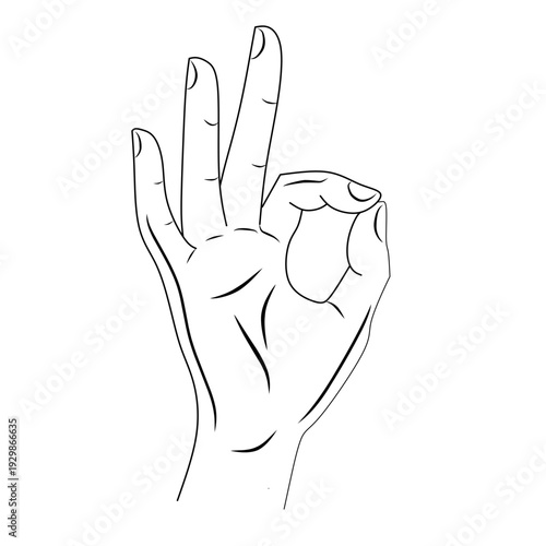 Hand Showing Number Three Gesture Outline Vector Illustration Isolated on White Background