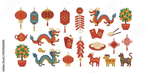 Chinese New Year celebration displaying traditional cultural symbols, lucky decor, and festive elements for lunar holiday