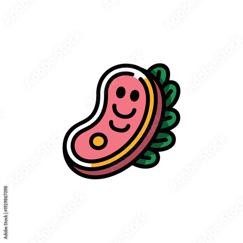 A cartoon steak with a smiley face and green herbs on a white background
