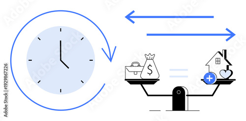 Time management concept. Time symbol alongside a balance scale highlighting priorities between wealth and home. Time management aiding productivity and life balance. For financial planning, work-life