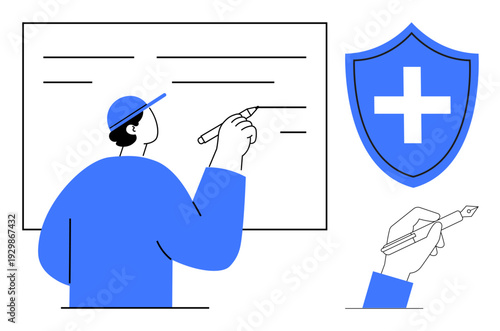 Education, health safety, brainstorming, security protection, drawing, teaching concepts. Person writing on a whiteboard, shield icon with a cross and a hand holding a pen. Education and health