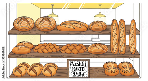 Assorted freshly baked bread on display in a bakery shop window.