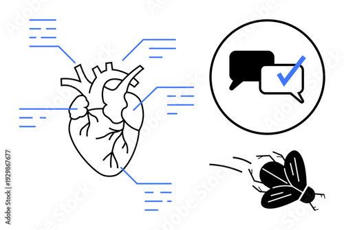 Anatomical heart sketch with data points, speech bubbles with checkmark in a circle, and flying insect in motion. Ideal for health science, anatomy, communication, feedback, verification, biology