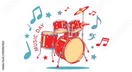 Vector illustration of drum set with musical notes and stars
