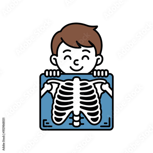 A cartoon boy smiling and holding up an x-ray of his skeleton