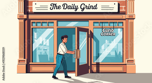 Man entering a coffee shop with a sign reading The Daily Grind.
