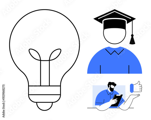 Education, innovation, digital learning, knowledge sharing, graduation, online communication. Features light bulb symbol, graduate icon individual using a tablet. Education and innovation concepts