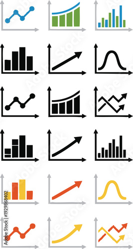 Collection of diverse graph and chart icons representing data analysis and financial growth perfect for business presentations and web design elements