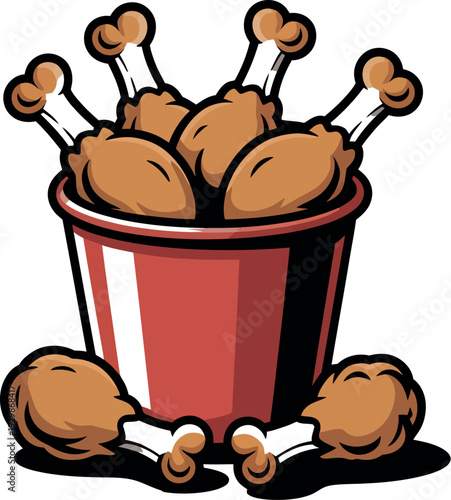 A cartoon illustration of a bucket filled with fried chicken and bones on a white background