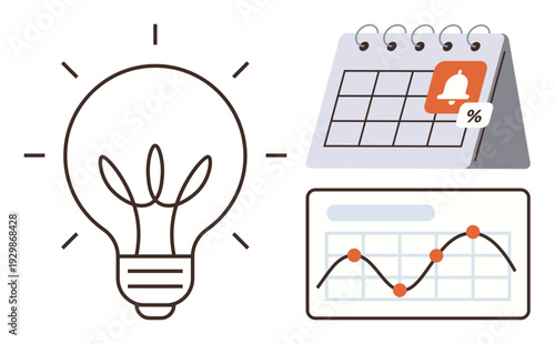 Business strategy, financial planning, innovation, productivity, time management, market trends. Lightbulb, calendar with reminder and line graph with data points. Strategy and financial planning
