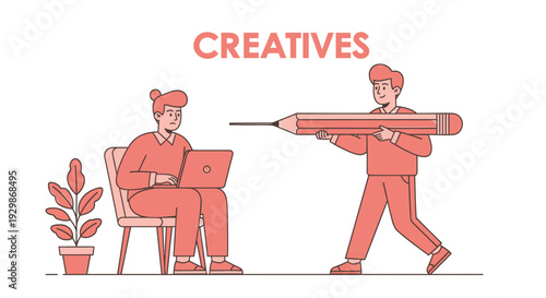 Vector illustration of two creatives with oversized pencil