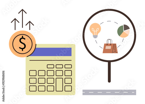 Budget planning, online shopping, financial growth, e-commerce strategy, investment analysis, market research. Calculator, coin magnifying glass with shopping bag and charts. Budget planning
