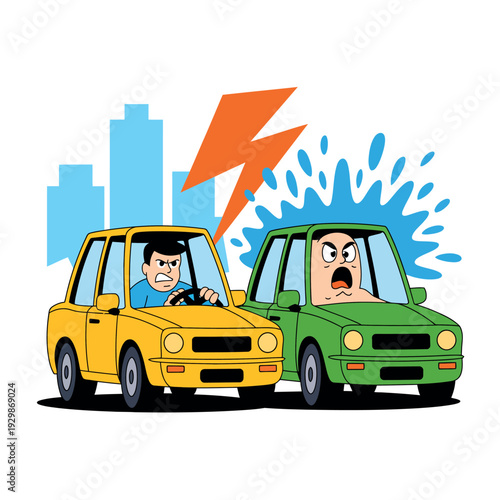 Two angry drivers involved in a car accident in the city with a shocked expression