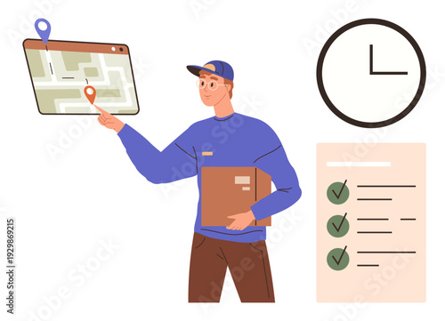 Delivery services, logistics planning, shipment tracking, punctuality, task management, online purchases. Courier pointing at map with package. Delivery services and logistics planning concept