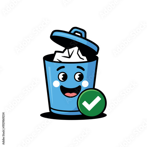 A cheerful cartoon trash can with a green checkmark indicating proper waste disposal and recycling practices.