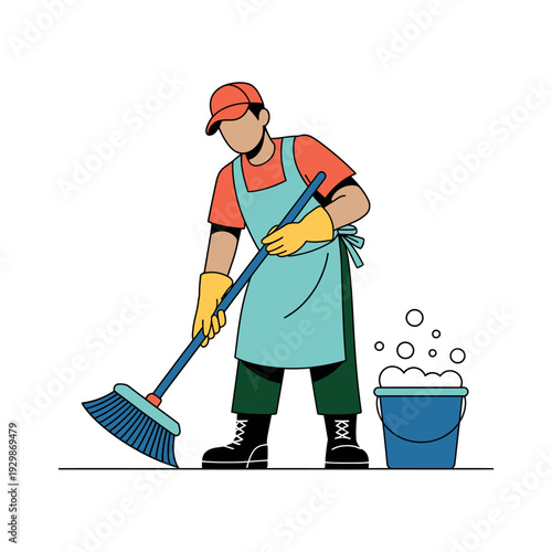A cartoon janitor wearing a uniform and cleaning with a broom and bucket of soapy water.