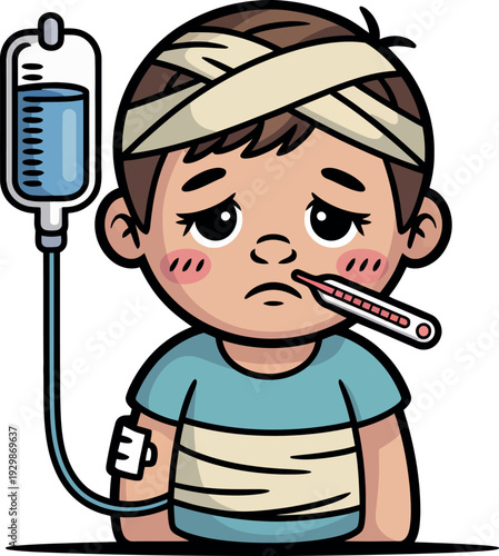 A young boy with a bandaged head and arm, looking unwell with a thermometer in his mouth and an IV drip beside him.
