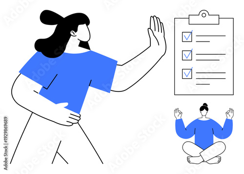 Stress management, mindfulness, organization, emotional balance, productivity, mental health. Woman gesturing next to checklist and meditating figure. Stress management and mindfulness concept