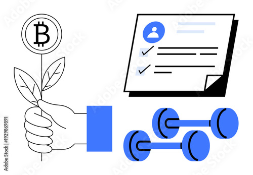 Hand holding Bitcoin plant, clipboard checklist with user info, and gym weights. Ideal for finance growth, eco-economy, personal progress, fitness goals, productivity, self-improvement persistence