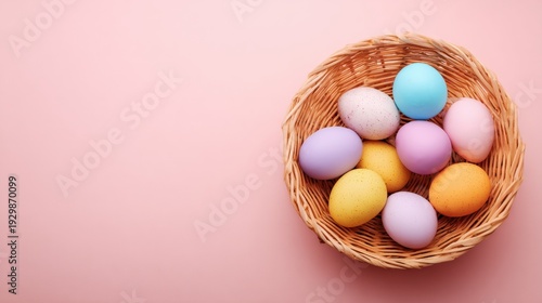 Wallpaper Mural Wicker basket filled with colorful pastel Easter eggs on a soft pink background with copy space. Torontodigital.ca