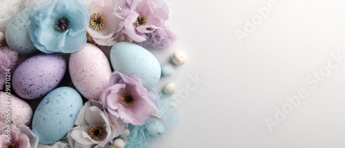 Pastel speckled Easter eggs with soft spring flowers on a light background with copy space.