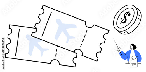 Two airline tickets with airplane icons, large coin with dollar sign, and person holding paper and pointing. Ideal for travel, finance, booking, pricing, tourism budget planning. Simple flat