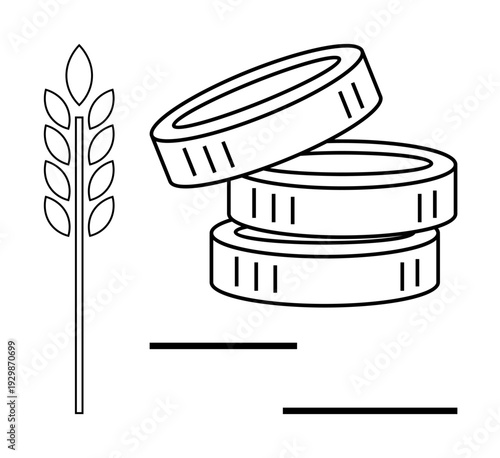 Economic growth, agriculture, investment, sustainability, trade, market economy. Stack of coins next to a wheat symbol. Agriculture and economic growth concepts